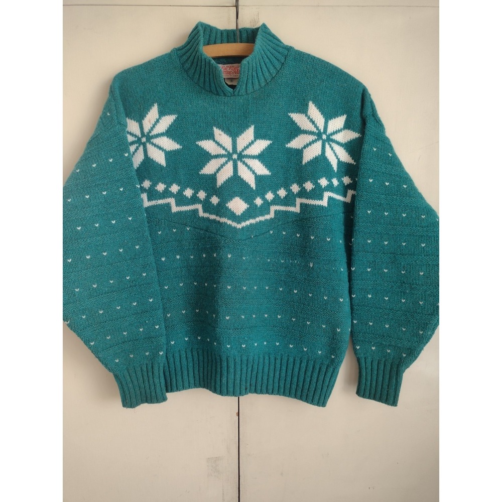 Vtg 80s Green Snowflake Sweater Fall River Knitting Mills Knit Sz M Wool Acrylic